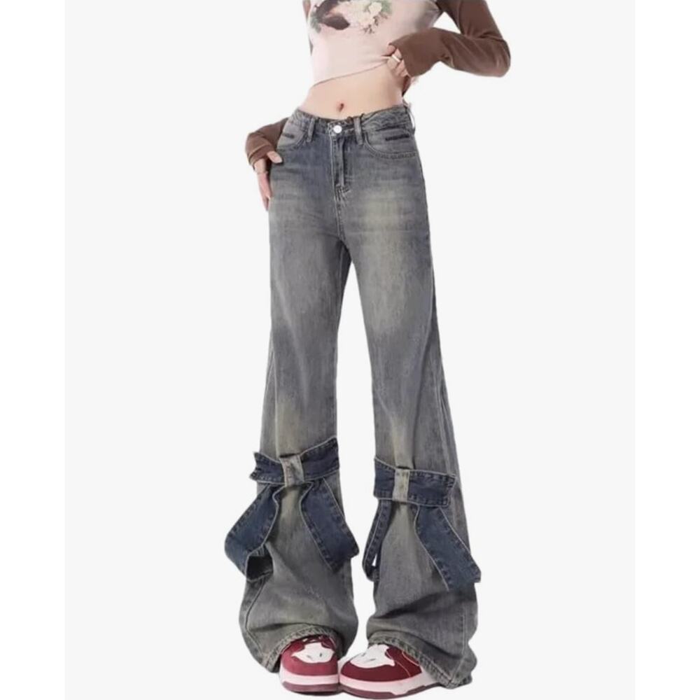 Coquette Retro Wash Wide-leg Y2k Bow Jeans size S